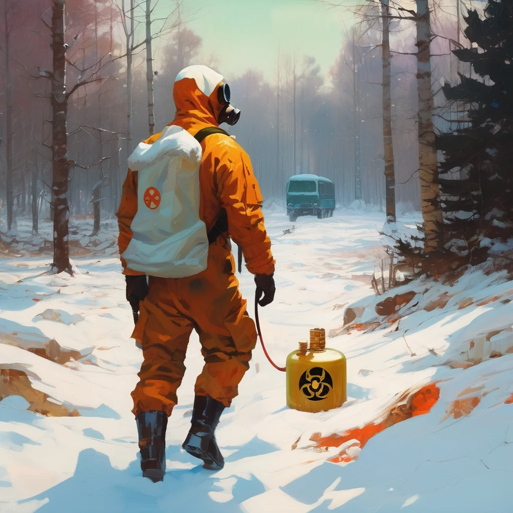 (a Retro Futurism Art style painting of A man in a biohazard suit and a gas mask walks in the snowy Pripyat:1.2) by (josan gonzalez and John Singer Sargent and sergey kolesov and Craig Mullins and hermann corrodi:1.2)
