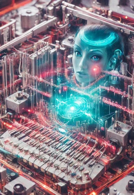 double exposure of opera diva Hatsune Miku with long floating aquq twintails singing high note merging with a printed circuit board of Yamaha electronics chip processor, <lora:DoubleExposure:1>, (head:1.8), <lora:The Phantom of the Opera style:1.5> The Phantom of the Opera style, <lora:loraeyesxl:0.4>