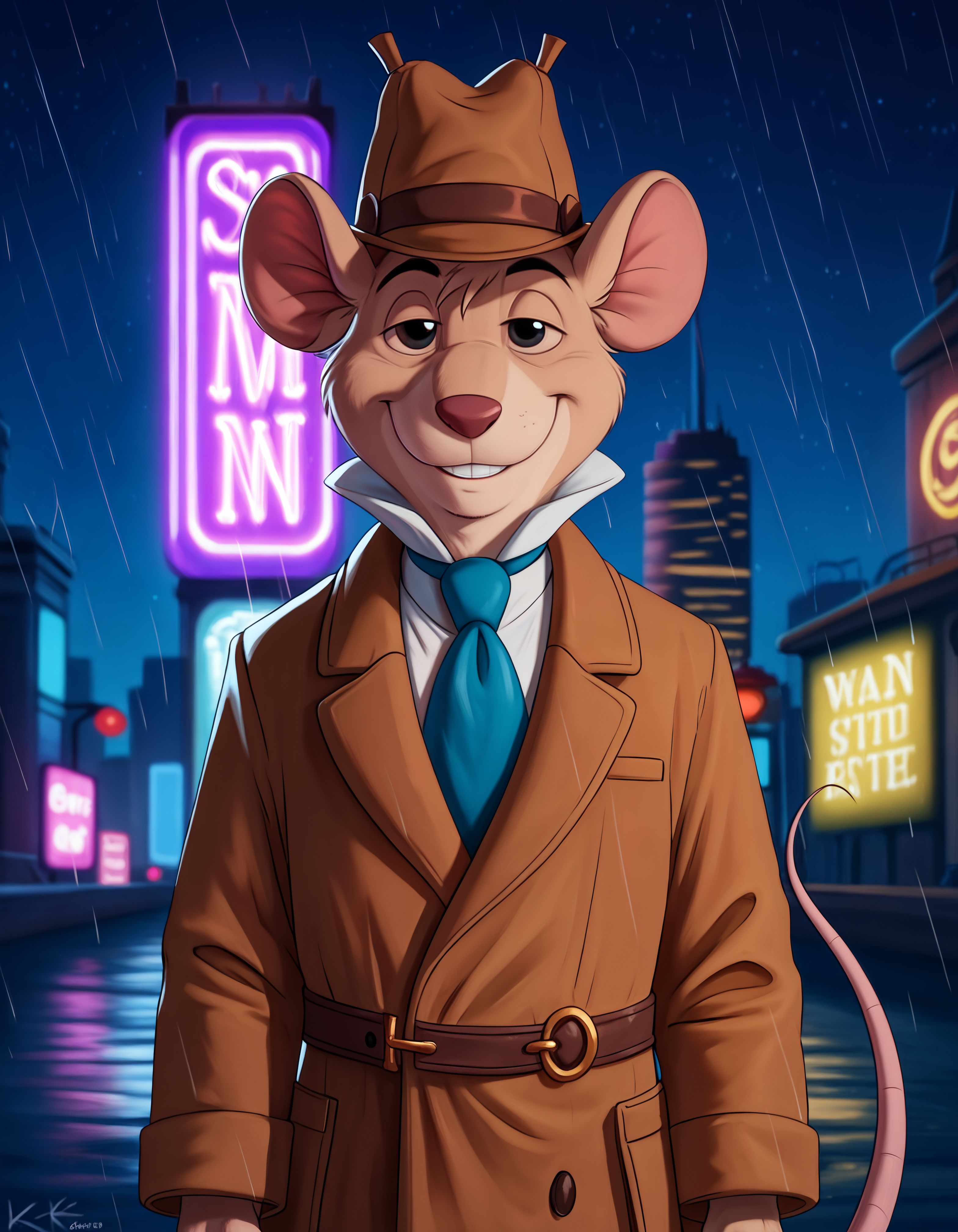 score_9, score_8_up, score_7_up BREAK rating_safe, source_furry, detailed, depth of field, detailed background, cinematic lighting, particles, decals, masterpiece, (best quality, high quality, 8K:1.5), <lora:sinfully_stylish_SDXL.safetensors:0.95>,  embedding:zPDXL3, anthro, <lora:add-detail-xl.safetensors:2.5>, <lora:Basil_of_Baker_StreetThe_Great_Mouse_Detective:1.0>, basil_gmd, great_mouse_detective, solo, 1boy, male focus, clothed, hat, dark, night, rain, light shining through feathers, looking at viewer, city, outdoor, digitigrade, biped, barefoot, (cyberpunk, neon lights, night time:1.2), upper body, solo, smile, long_sleeves, tail, necktie, shoes, pants, (black eyes:1.2), coat, blue necktie, mouse ears, brown headwear, furry male, mouse tail, brown pants, brown coat, mouse, trench coat, detective,  (close up, wide shot, after frottage , sleepy:1.15)