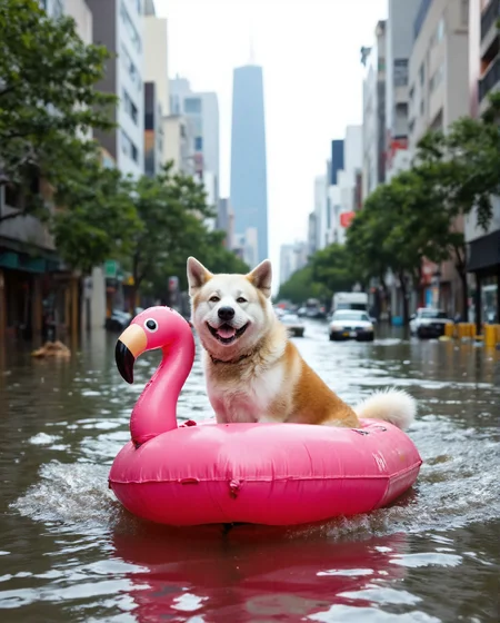 Imagine an image in the style of cinematic photorealism: A joyful Akita Inu dog named Yujin, happily navigating the flooded city streets in a pink flamingo inflatable boat. Yujin is smiling contentedly as he passes by half-submerged vehicles and debris. The boat's wake creates ripples that distort the reflection of a distant, partially flooded skyscraper., <lora:flux\personas\YujinLiz.safetensors:1.0:1.0> <lora:flux\estilos\Flooded_Streets_Flux.safetensors:1.0:1.0> <lora:flux\estilos\PCB_Image_Enhancer_for_FLUX.safetensors:1.0:1.0>
