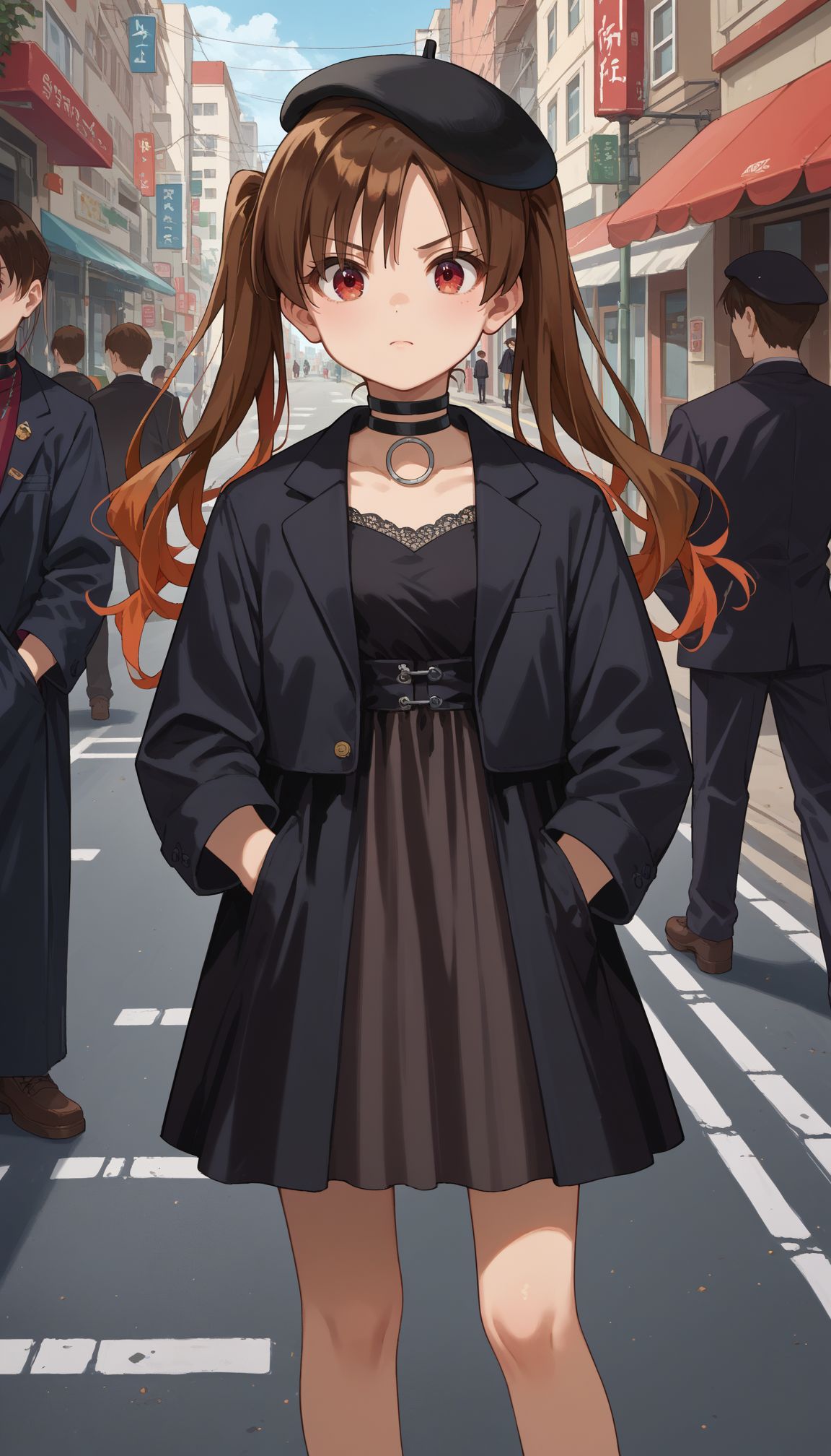 score_9, score_8_up, score_7_up, source_anime <lora:Ootsuki Yoyoko:1> ootsuki_yoyoko, 1girl, hat, long hair, brown hair, twintails, black headwear, beret, black jacket, red eyes, long sleeves, black choker, open jacket, jewelry, black dress, smiile, street, hand on pocket