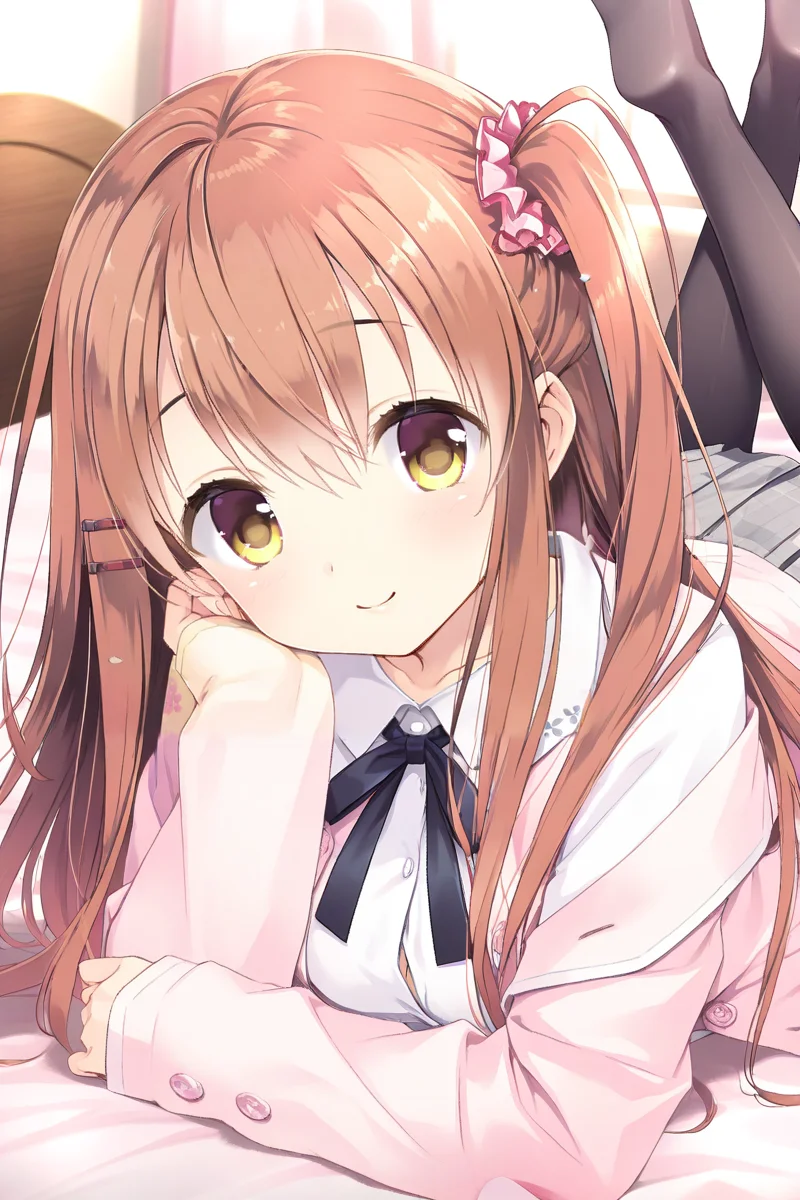 masterpiece,best quality,amazing quality,highres,scenery,newest,1girl,official style,sena, brown hair, hair ornament, long hair, hairclip, yellow eyes, bangs, one side up, hair between eyes,sena school2, pantyhose, skirt, pleated skirt, plaid skirt, plaid, black pantyhose, shirt, school uniform, grey skirt, open clothes, scrunchie, long sleeves, white shirt, sleeves past wrists, cardigan, hair scrunchie, ribbon, neck ribbon, pink jacket, buttons, dress shirt, <lora:kaokake-sena1-V4-000022:1>,bedroom,bed,looking at viewer,the pose,soles,no toes,smile,on stomach,