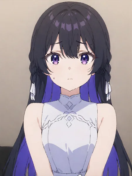 masterpiece, best quality,
<lora:tinasha.sdxl.v3:0.95> tinasha
black hair, purple eyes, long hair,
1girl, solo, white hair tie,(white vest),
white dress, sleeveless,
facing viewer, confused,