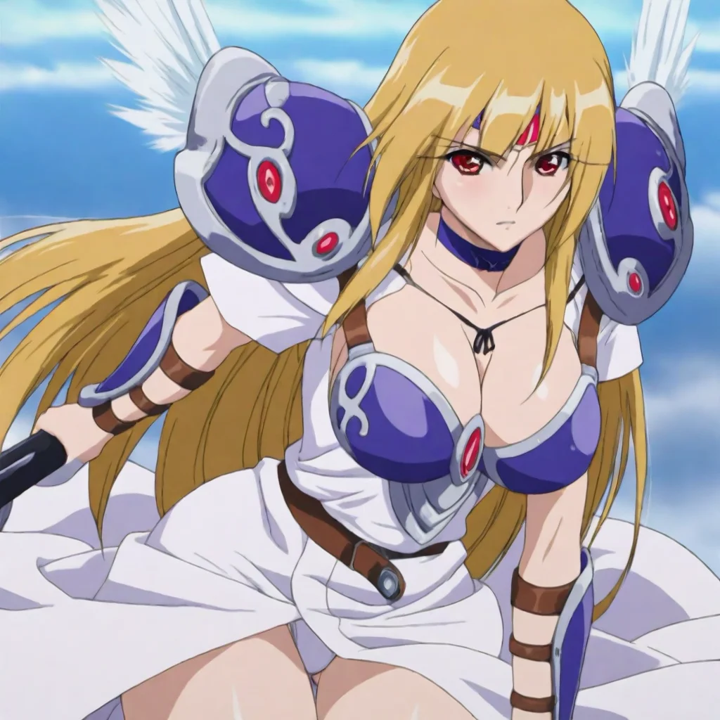 cowboy_shot,armor,cleavage,looking at viewer,<lora:Valkyrie IL v1:1> valkyrie, blonde hair, long hair, red eyes, choker, large breasts,
