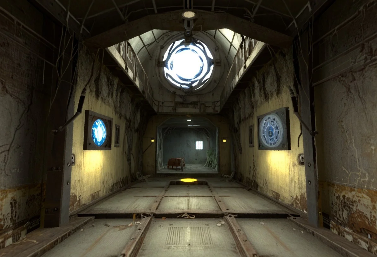 Old aperture, portal 2, 1980's, cavernous, blue light, underground drydock, cranes, dramatic lighting, abandoned science facility, desolate, shipping cranes, Polaroid, massive cave, 1987, towering structures, abandoned, aperture science, catwalks, partially flooded, ((( Gmod)))