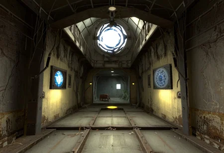 Old aperture, portal 2, 1980's, cavernous, blue light, underground drydock, cranes, dramatic lighting, abandoned science facility, desolate, shipping cranes, Polaroid, massive cave, 1987, towering structures, abandoned, aperture science, catwalks, partially flooded, ((( Gmod)))