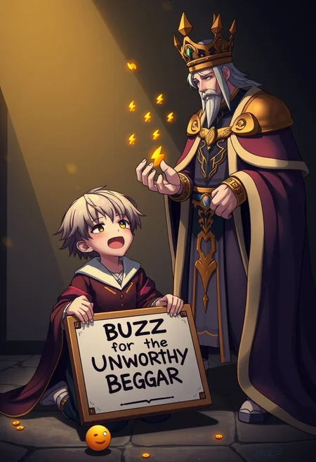Create a hyper-realistic, hyper-detailed image of two anime characters. One character, on their knees, holds a sign that reads "Buzz for the Unworthy Beggar" and begs for mercy. The other character, a regal king, stands above, unimpressed but benevolent, donating a small amount of Buzz. The Buzz appears as small, glowing golden thunderbolt emojis, which the king sprinkles onto the beggar. The characters are rendered in exquisite detail, with intricate textures and shading that conveys their emotions. Style: hyper-realistic, anime-inspired, dramatic. Colors: rich, vibrant hues with golden accents. Highest-Quality, 4k, Masterpiece