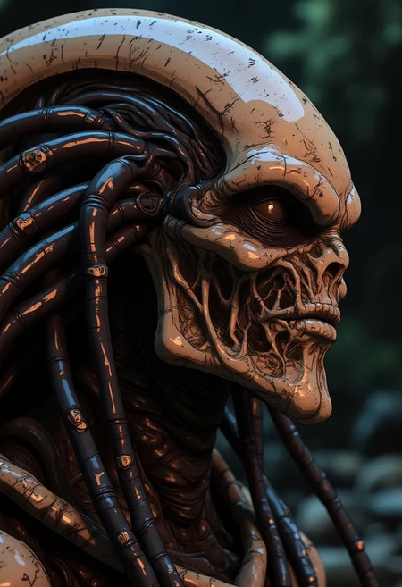 egmid, a Yautja Predator, Alien with dreadlocks ,high definition photograph with skin detail and color contrast