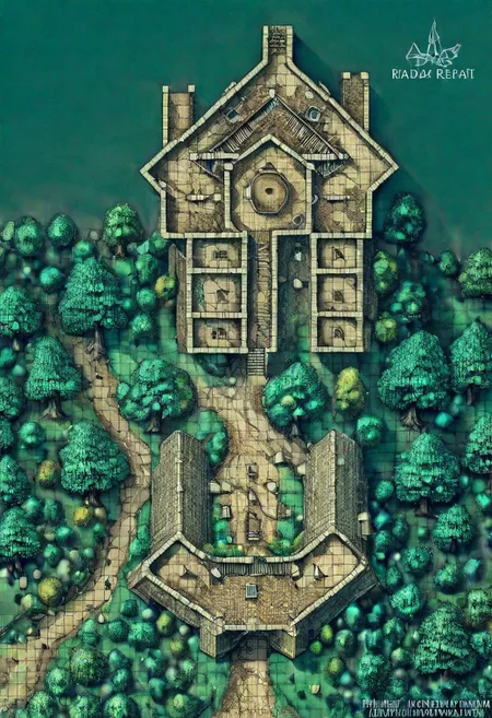 Maya of Squares(Table:1.0),Town, exterior,Trees,create a magicalForest an the riber and castle ruins