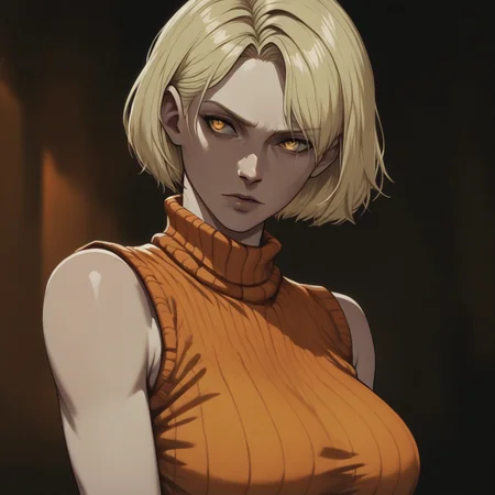masterpiece, best quality, newest, absurdres, highres, FCOMV1.0, 1girl, ashley graham (resident evil), blonde, orange shirt, blonde hair, orange sweater, sleeveless, sleeveless sweater, sleeveless tutrleneck, turtleneck, short hair, curtained hair,