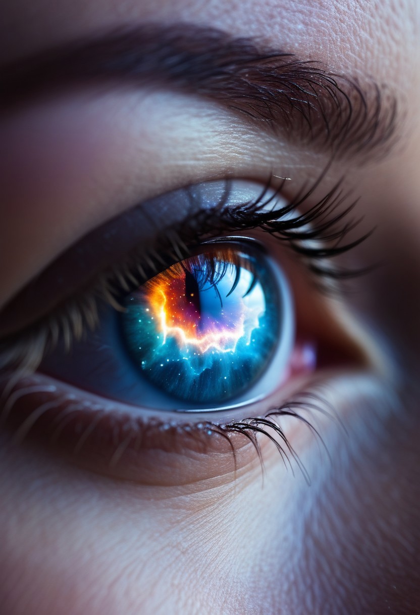 closeup on a female eye. space nebula reflected in eye.