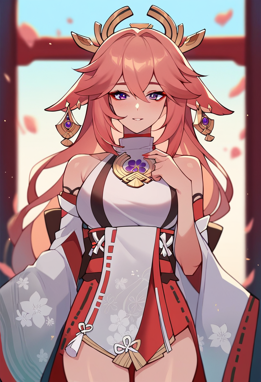 score_9, score_8_up, score_7_up, score_6_up, score_5_up, score_4_up, yae miko (genshin impact) standing in japanese shrine looking at viewer <lora:MatemiLycoXL:0.9>