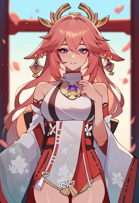 score_9, score_8_up, score_7_up, score_6_up, score_5_up, score_4_up, yae miko (genshin impact) standing in japanese shrine looking at viewer <lora:MatemiLycoXL:0.9>