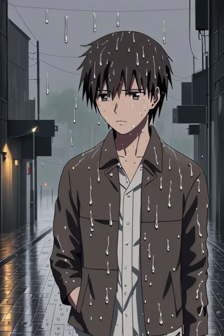 high resolution, solo, best quality, 1Boy, Takaki Toono, Brownish Hair, Brown Eyes, heavy rain, night, looking down, sad, leather jacket, looking away, wet, wet hair, OverallDetail