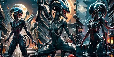 (otherworldly), highly insanely detailed, masterpiece, top quality, best quality, highres, 4k, 8k, RAW photo, (very aesthetic, beautiful and aesthetic), 
__lazy-wildcards/cosplay-char/alien-predator/xenomorph/prompts__, 
<lora:FemXeno:0.7>, 
(1girl:1.3), eyes focus, 
__lazy-wildcards/dataset/background__,âââ