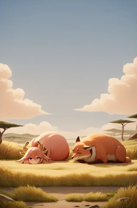 score_9, score_8_up, score_7_up, source_anime, <lora:Round animal:0.9> animal focus, no humans, outdoors, grass, sky, 1 fox Yae Miko