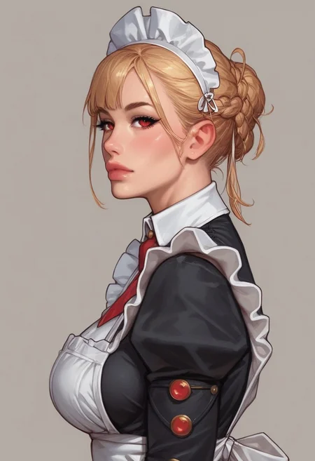 from front, (((side view))), 1girl, illustration, comic style, looking at viewer, highly detailed,
RosieTJ, 1girl, robot girl, metal body, red eyes, red buttons, wheels, white maid cap, white collar, white cuffs, white hip apron, black skirt, female
((full-clothed)),
BREAK
dynamic pose <lora:Cherry-Gig:0.55> ((((full-clothed)))),
BREAK
((rest room background))) score_9, score_8_up, score_7_up, score_6_up, source_cartoon, rating_explicit, Expressiveh, (((((upper body))))), dynamic pose