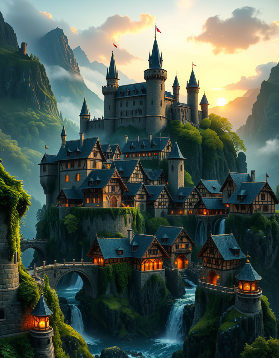 A breathtaking medieval fantasy city nestled in a lush valley, surrounded by towering mountains and dense forests. A grand castle with multiple towers and turrets stands atop a hill, overlooking the town below. The city consists of charming half-timbered houses with glowing windows, perched on rocky cliffs and connected by stone bridges over cascading waterfalls. The river flows through the village, reflecting the warm golden lights of lanterns and torches. Ivy and moss grow over the stone walls, adding to the enchanted, ancient atmosphere. The background features misty mountains with additional fortresses and watchtowers, partially hidden by low-hanging clouds. The sky is illuminated by a soft, warm sunset, casting a golden glow on the scenery, creating a perfect blend of realism and fantasy. Highly detailed, cinematic, and immersive, with a magical, fairy-tale ambiance.
<lora:SDXLFaeTastic2400:0.4> <lora:extremely_detailed:0.4> extremely detailed, <lora:medieval_f4nt4sy_c1ty:1>,medieval f4nt4sy c1ty, Masterpiece,best quality,hi res,8k,hi res,8k,award winning,(sharp focus, intricate, highly detailed),