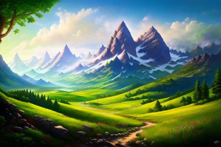 Hyperrealistic art, 4k masterpiece, wallpaper, best detail, high resolution, great landscape, gateway to a lush mountain view, green valley