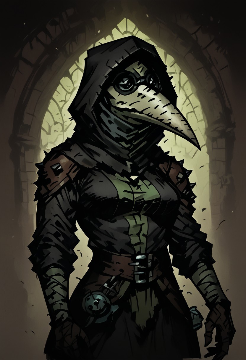 score_9, score_8_up, score_7_up, BREAK, 1girl, cowboy-shot, beautiful, dramatic lights ((Plague Doctor, Plague doctorDD, plague doctor darkest dungeon, plague doctorDD, Darkest Dungeon, plague doctor mask))