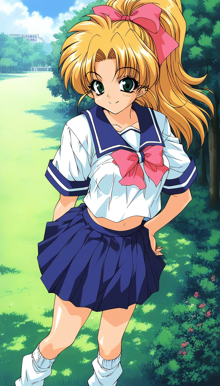 score_9, score_8_up, score_7_up, source_anime, rating_explicit, BREAK  <lora:Fujimura_Yui_XL:1>Fujimura_Yui, blonde hair, high ponytail, long hair, pink bow, hair ribbon, green eyes, breasts, 1990s (style), 
Fujimura_Yui, 1girl, solo, school uniform,  serafuku, socks, blue skirt,  loose socks, standing, 1990s (style), midriff,
looking at viewer, smile,
grass, sky,