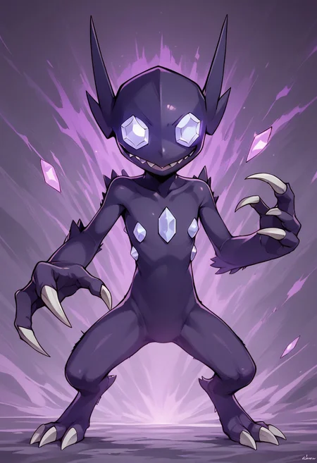 score_9, score_8_up, score_7_up, score_6_up,
BREAK, 
slimes_sableye, solo, purple glow, huge claws, glowing eyes, dark aura, nighttime background, 
abstract background, 
 Expressiveh, zPDXL