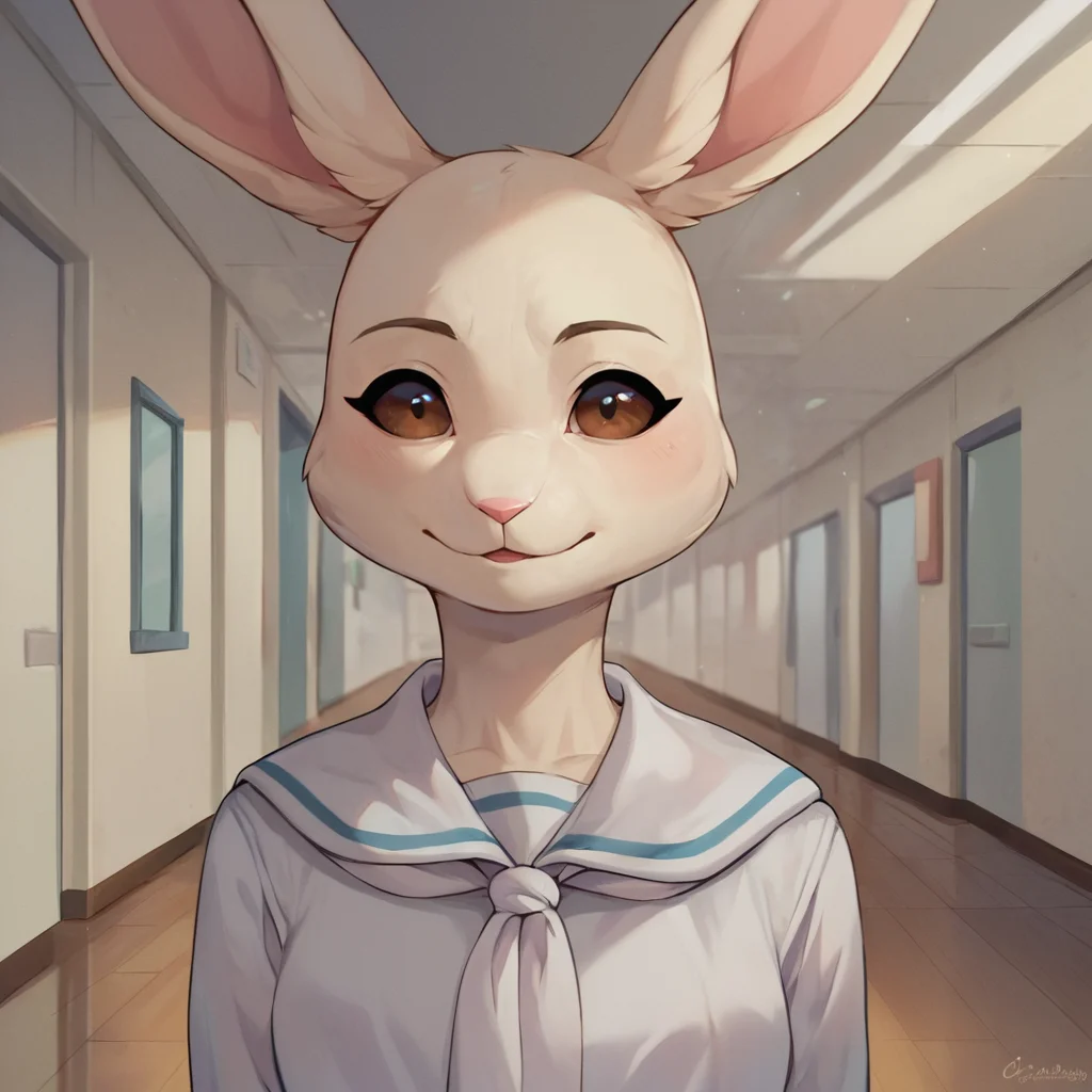 score_9, score_8_up, score_7_up, score_6_up, <lora:Haru_Beastars_PonyXL_prototype:1> harubeastars, smile, mouth closed, hallway, school, looking at viewer, hands behind back, white dress, serafuku, bust portrait, solo white dress, white scarf,