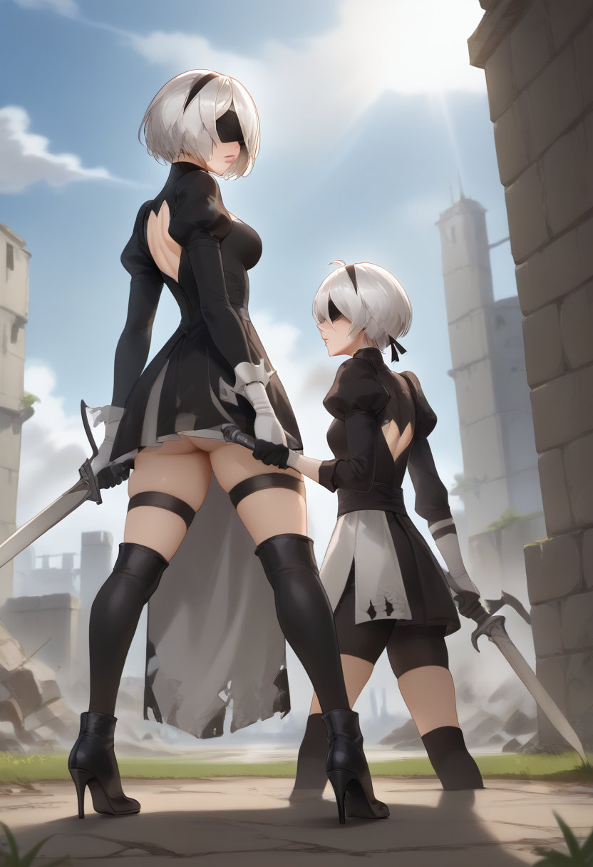 1girl, breasts, blush, short hair, simple background, thighhighs, gloves, long sleeves, 1boy, dress, holding, medium breasts, standing, weapon, ass, white hair, hetero, hairband, boots, shorts, black gloves, socks, puffy sleeves, sword, black thighhighs, city ruins, clouds, grass, trees, sunlight, black footwear, holding weapon, mole, black dress, high heels, clothing cutout, thigh boots, holding sword, oral, black hairband, mole under mouth, high heel boots, blindfold, cunnilingus, black blindfold, back cutout, anilingus, yorha no. 2 type b, yorha no. 9 type s, torogao, blush  <lora:SDXL_Hyper:1>  <lora:Timm_Style_XL:1> <lora:StaC:1>
