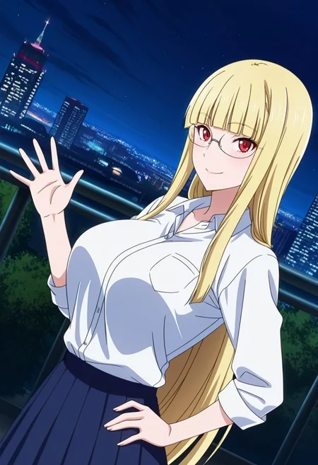 general,highres, ultra-detailed,very aesthetic,best quality ,best hands,best eyes,easynegative,
dynamic anglre, dutch angle, anime cloring,anime screencap,
1girl solo,looking at viewer,city,night,smile,waving hand,hand on hip,
Kotone Sasaki, light blonde_hair, long_hair, huge_breasts, hime cut, red eyes, glasses,school uniform,