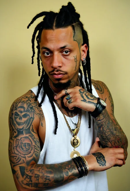 file photo from nokia 3310 “P1011559.ORF” 20.04.2001. photo-portrait of a cool modern rapper with tattoos and silly dreadlocks, in a cool pose. his face clearly shows tattoos under his eyes, in bold gothic tattoo script: 
[under his left eye] - BUZZ.
[under right eye] - PLZ.