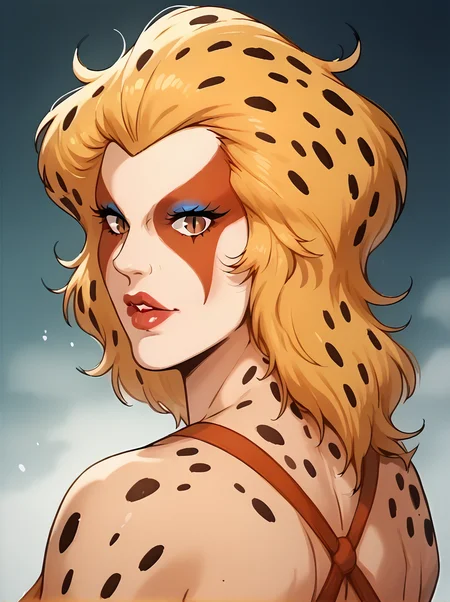 <lora:cheetara_-_thundercats_1985_pony_v2:0.9> , <lora:takeda_hiromitsu_style_pdxl_v2_goofy:0.5>, ch33t4r4, 1girl, mature woman, brown eyes, slit pupils, blonde hair, spotted hair, portrait, headshot, bare shoulders, spotted shoulder, looking back, looking at viewer, dynamic pose, makeup, moist lips, lipstick, eyeshadow, score_9, score_8_up, score_7_up, score_6_up, score_5_up, score_4_up,