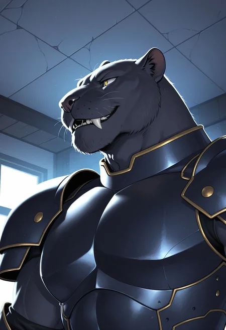 masterpiece,best quality,amazing quality, (male, antro: 1.4),
BREAK
( muscle, tall, barazoku, bara, facial hair, old, mature (smile, Sharp fangs, close up, high, angle ) :1.1)), (1boy, solo,(male only) anthro, )
BREAK
(male: panther, black panther )), armor, full armor
BREAK
indoors,