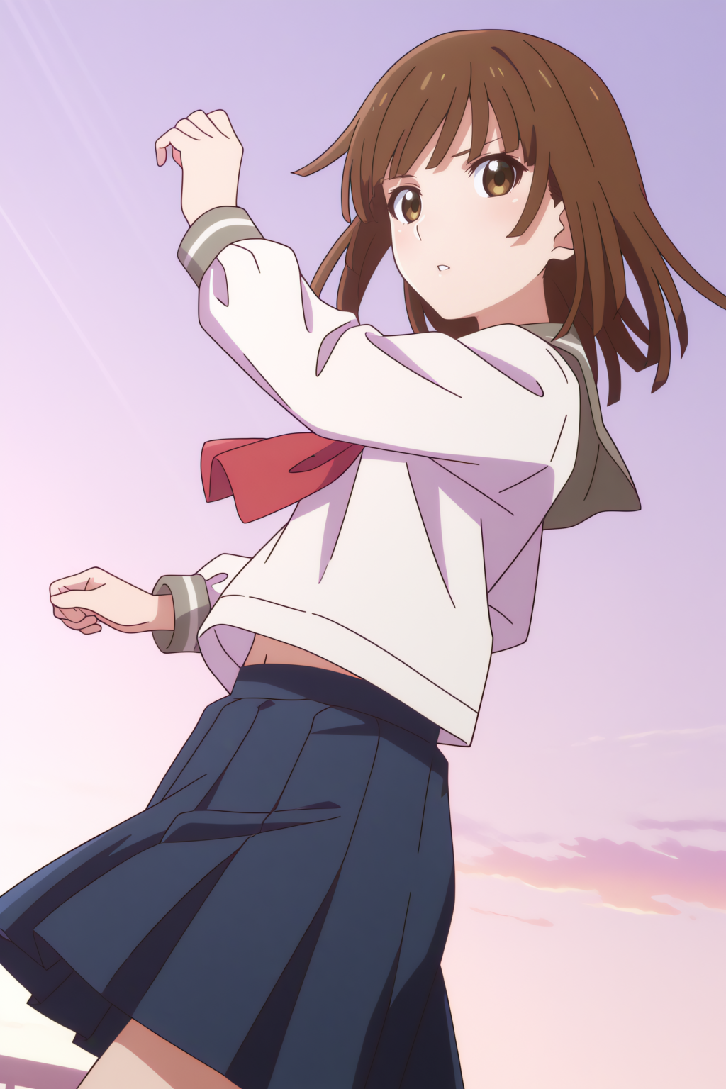newest, dynamic pose, OtoNadeko, school uniform, serafuku <lora:Monogatari_Series_-_Otonadeko_-_illustrious:0.8>