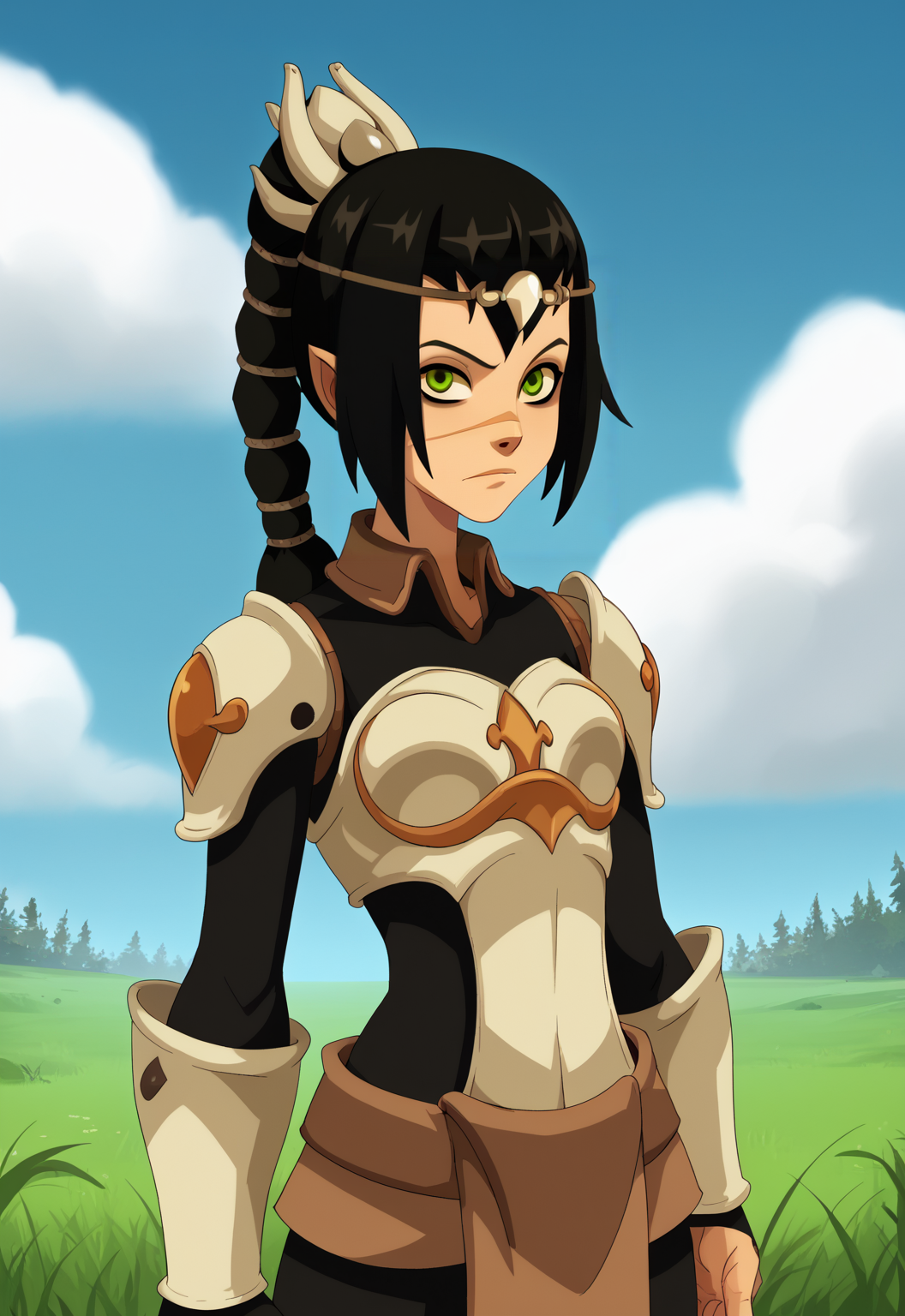 score_9, score_8_up, score_7_up, score_6_up, score_5_up, score_4_up, BREAK, wakfu, 1girl, solo, shadowheart standing in tall grass during a sunny day, black hair, braided ponytail, long hair, green eyes, scar on face, circlet, looking at viewer, armor, blue sky, cloud, standing, grass, meadow background <lora:ShadowHeartXL:0.8>   <lora:WakfuPDXL_byKonan:1>