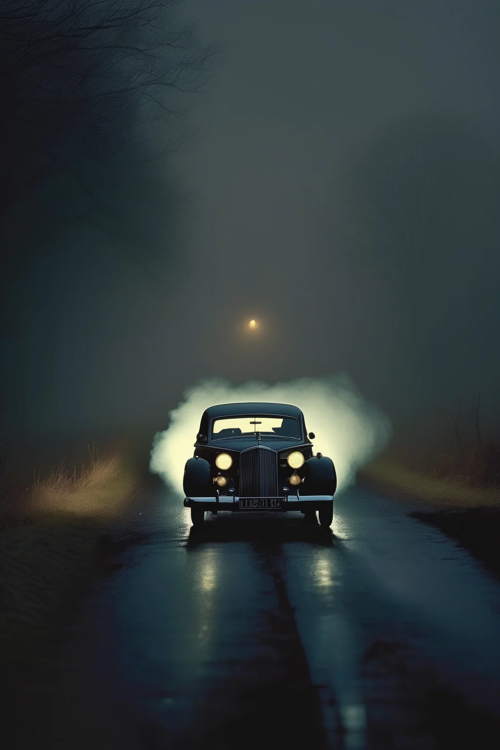 <lora:Roger Deakins Style:1>Roger Deakins Style - Picture a scene straight out of a classic noir film. A man, alone in his Maybach, parked on a lonely country road under the cloak of night. The only light comes from his glowing cigarette and the subtle interior lights of the car, casting long shadows and creating an atmosphere of solitude and introspection. The surrounding mist adds an element of mystery and intrigue. Capture this scene using a Canon EOS 5D Mark IV DSLR camera with an EF 50mm f/1.2L USM lens for a high-resolution, detailed image. The resolution should be 30.4 megapixels, with an ISO sensitivity of 32000 to compensate for the low light conditions. The shutter speed should be set to 1/80 second to capture the smoke from the cigarette in sharp detail. The composition should be a close-up shot of the man, with the focus on his face and the glowing cigarette, with the misty road and the car's interior forming the background.