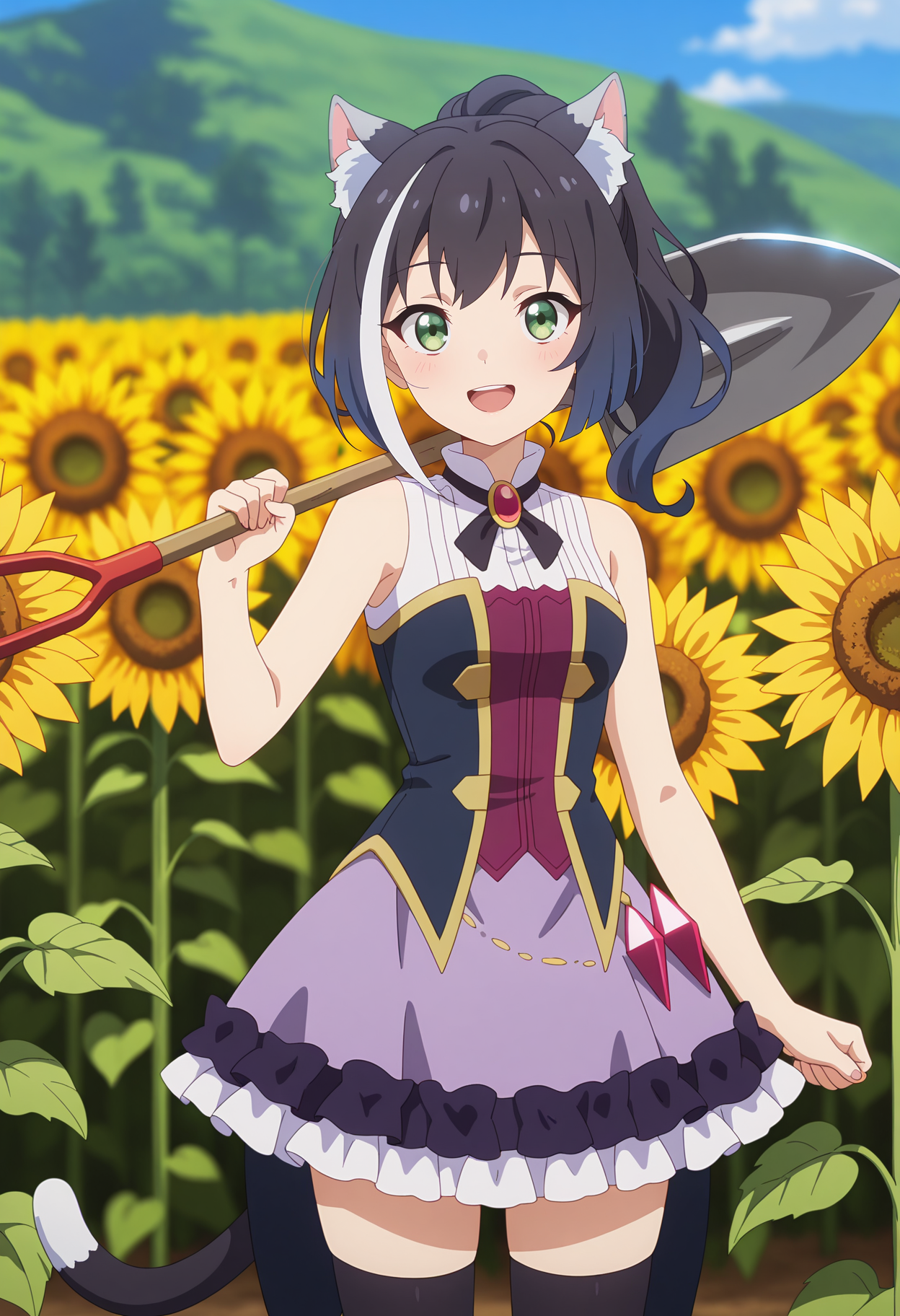 anime screencap, masterpiece, best quality,
<lora:PrincessConnect_Karyl_IlluXL:0.9>,
1girl, solo, open mouth, smile,
ponytail, streaked hair, black hair, white hair, green eyes, cat ears, cat tail,
KarylDress, sleeveless dress, multicolored dress, brooch, gold trim, frilled skirt, purple skirt, black thighhighs,
holding shovel, over shoulder,
standing, looking at viewer,
blurry background, sunflower field