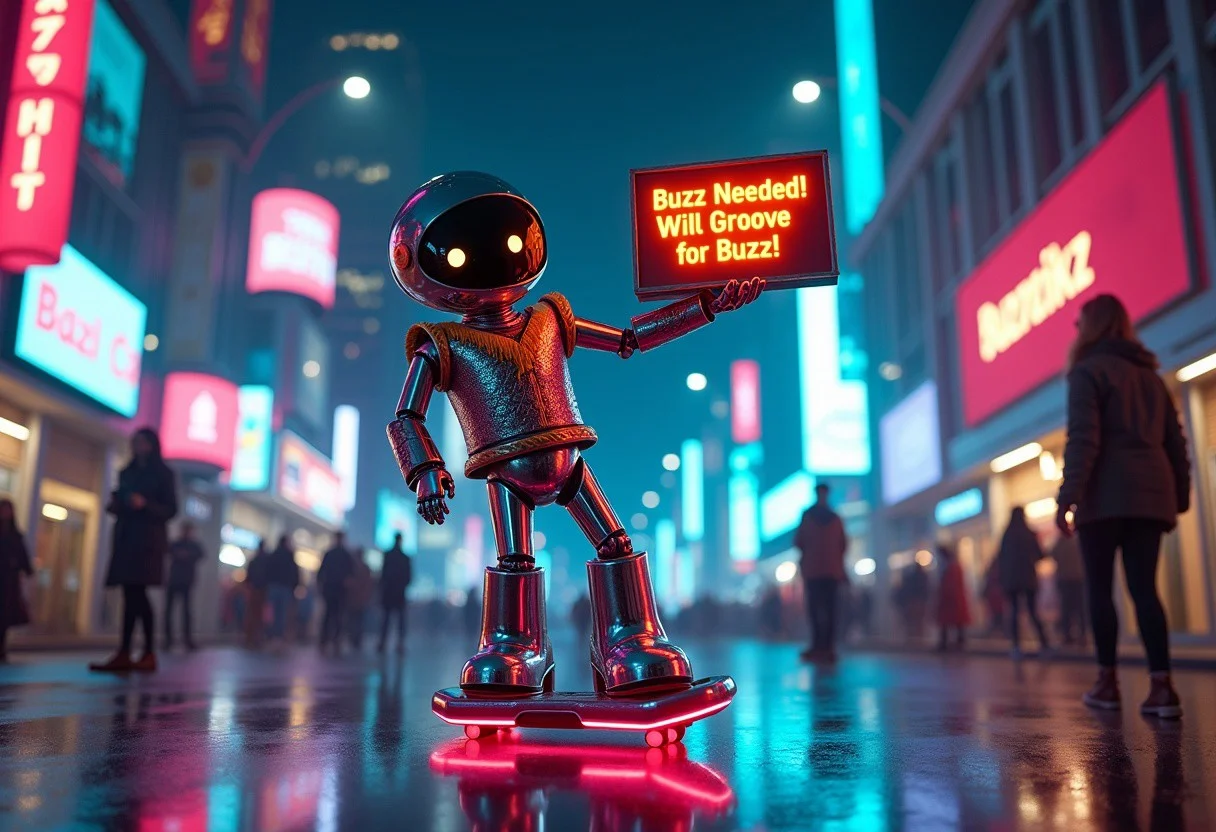 a professional slr photograph - A futuristic neon-lit cityscape at night, with a robotic humanoid dressed in a 70s disco-inspired outfit. The robot’s outfit features metallic bell-bottoms, glowing LED platform shoes, and a holographic fringed vest. Its LED-lit face displays a cheeky animated smile as it holds a sleek, high-tech digital sign floating in mid-air. The sign flashes a vibrant message: "Buzz Needed! Will Groove for Buzz!"
The robot is dancing on a hoverboard, performing gravity-defying spins and flips. Surrounding it are holographic advertisements, curious bystanders with futuristic gadgets, and flying drones tossing glowing "Buzz coins" into a futuristic jar made of light. The city is alive with colorful neon signs, towering skyscrapers, and a dazzling electric atmosphere that blends retro disco vibes with cutting-edge tech.