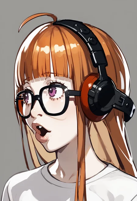score_9, score_8_up, score_7_up BREAK  1girl, pog, looking to the side, lips, open mouth, futabadef, orange hair, long hair, blunt bangs, glasses, ahoge, purple eyes, behind-the-head headphones, white shirt <lora:zs_FutabaXL:1> <lora:pog_v1_pruned:1>