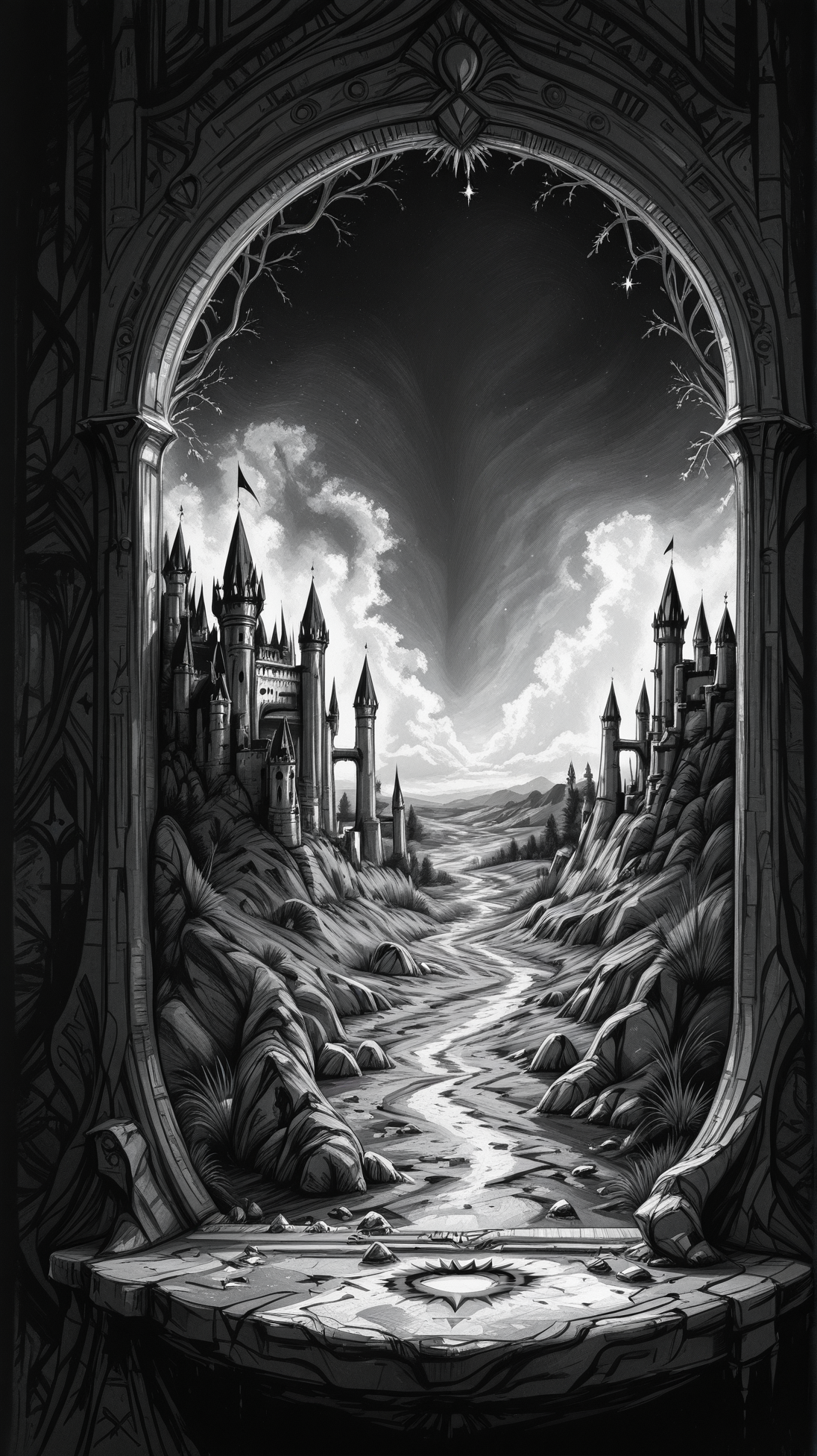 high_quality, highres, detailed, masterpiece, best quality, absurdres,Jedsk5tch, sketch, black and white, Photograph, alluring, landscape of a (Shadowfen Castle of the Dark Marshes:1.1) , impasto, intricate inlay work, Urban, nostalgic scenes, ultra detailed, RAW photo, greyscale, monochromatic, <lora:SketchStyle-000015:1>, magical composition, dynamic cinematic color, enchanted, ambient background, sunny, creative