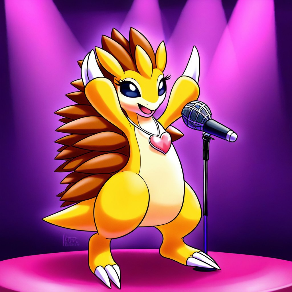 sandslash, pokemon, female, (((eyelashes))), disney, girly, (((wearing pink heart necklace))), full body, solo, looking at viewer, open eyes, open mouth, happy, smiling, (((dancing))), singing, microphone, nightclub