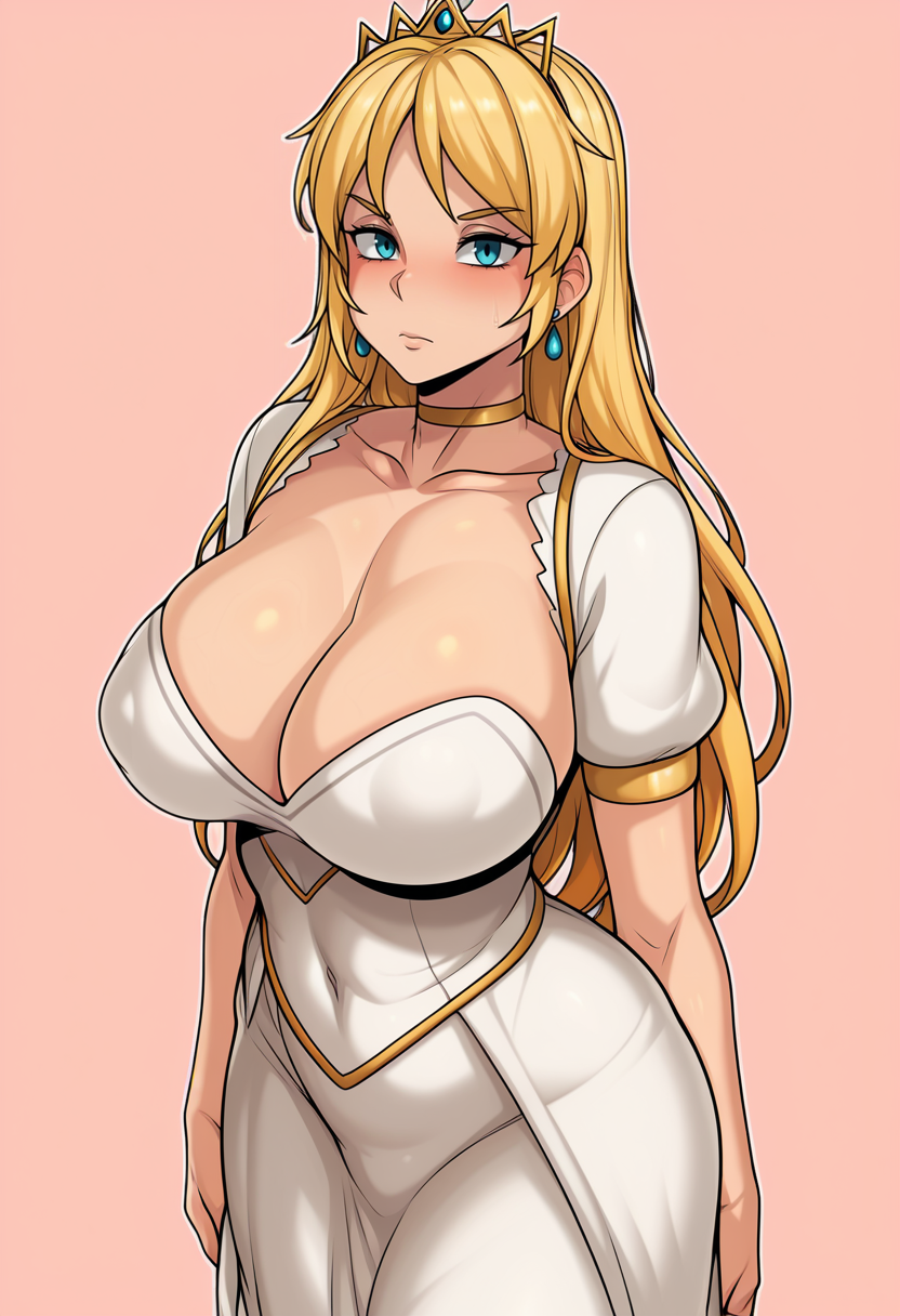 masterpiece, best quality,
1girl, solo, standing, looking at viewer, blonde hair, long hair, large breasts, narrow waists, tiara, choker, earrings, dress, white dress, long dress, cleavage, pink background, simple background,
 <lora:Jmg_Style_PonyXL:1.0> J0t43m3G3,