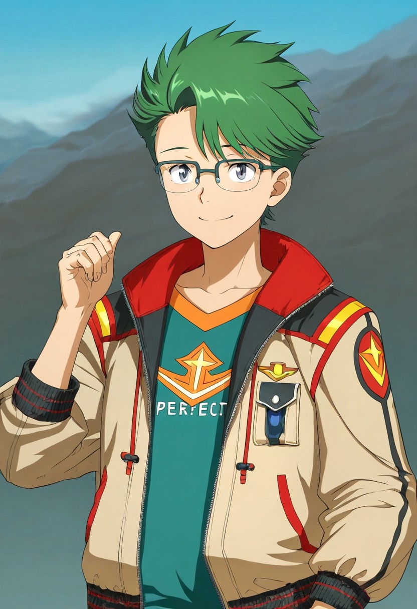 gb4_tao, green hair, short hair, grey eyes, 1boy, solo, male focus, glasses, jacket, anime style, anime draw style, perfect hands, high quality, best quality, masterpiece, outdoor setting