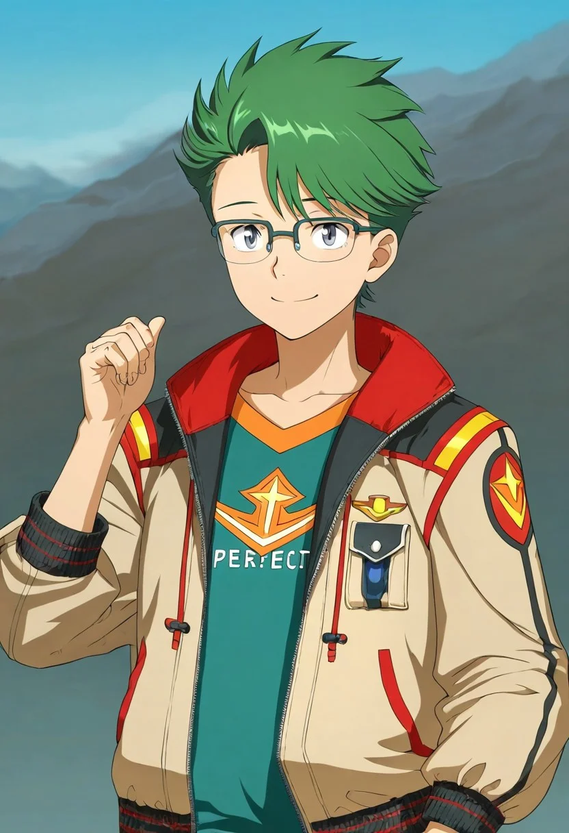 gb4_tao, green hair, short hair, grey eyes, 1boy, solo, male focus, glasses, jacket, anime style, anime draw style, perfect hands, high quality, best quality, masterpiece, outdoor setting