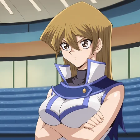 score_9, score_8, score_7, source_anime, uncensored, break, masterpiece, best quality, <lora:Asuka_Tenjoin:1>, 1girl, solo, blonde hair, brown eyes, hair between eyes, school uniform, duel academy uniform, long hair, turtle neck, sleeveless, huge breasts, crossed arms, upper body, indoors, stadium