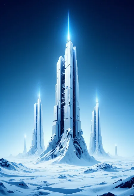 Inkpunk Anime, abstract image in blues and white, with bold, angular lines. colossal ceramic sci-fi white towers on a filed of ice and snow, piercing the evening mist. The environment feels almost serene, with no wind, just a light dusting of snow gently falling from the sky. The snow at the base of the towers is untouched, forming pristine, sparkling blankets, while the top of each tower shimmers with a slight frost that has settled on the steel. The station's lights are a soft blue, contrasting gently with the whiteness of the structures. In the distance, other white towers fade toward the horizon, creating a sense of endlessness. Dark gradient blue late evening sky