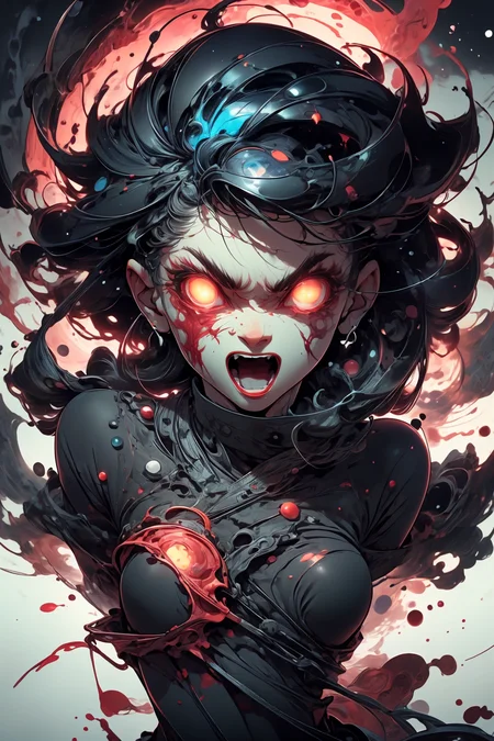 glowing eyes, glow, rage transformation, (red eyes:1.2), (rage:1.2), psycho, (madness:1.2), (angry:1.4), wide-open eyes, (blood:1.2), bloody face, open mouth, shout, (raging:1.2),
masterpiece, abstract, fade out, dream, cosmic,
<lora:more_details:0.4>
<lora:Cosmic anime-oil fusion v2:0.45>
<lora:AnimeVibesV3:0.3> animevibes,
<lora:3DMM_V11:0.5> 3DMM
<lora:midjourney_20230624181825:0.45> midjourney ,
<lora:LAS:0.2> cloud,colorful,
<lora:msw_locon-t2:0.6>
<lora:wuxia2:0.5> gu,
<lora:CelestialSkin2:0.6> dark celestialskin body, void cosmic body,, shiny, shiny hair, shiny skin, shiny clothes