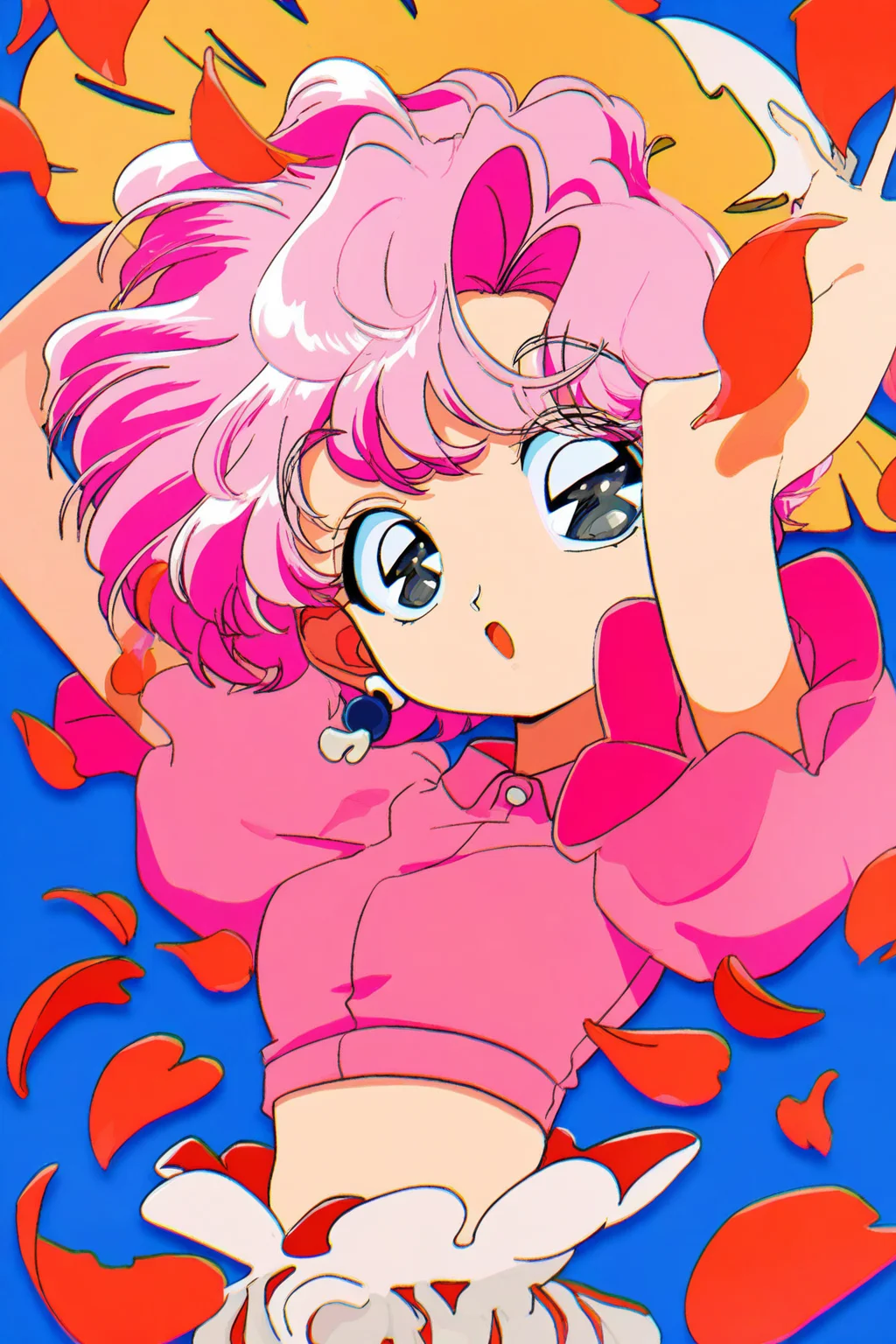 90sfugu,1girl, solo, pink hair, short hair, short sleeves, blue background, earrings, puffy sleeves, petals, jewelry, looking at viewer, open mouth, hat, puffy short sleeves, shirt, arms up, midriff, crop top