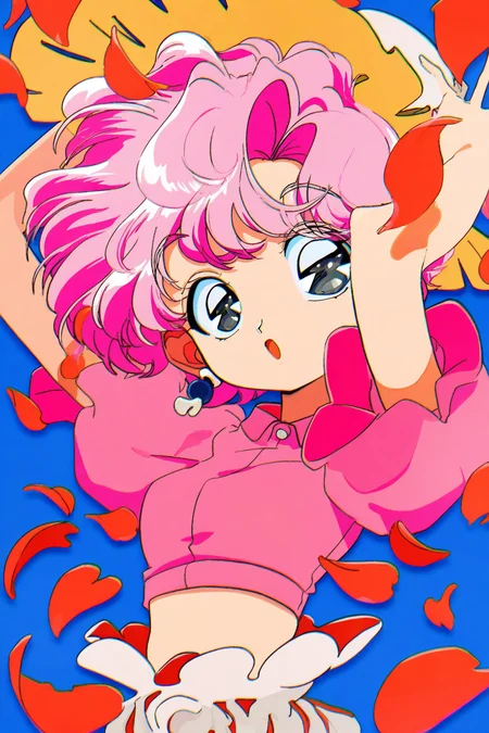 90sfugu,1girl, solo, pink hair, short hair, short sleeves, blue background, earrings, puffy sleeves, petals, jewelry, looking at viewer, open mouth, hat, puffy short sleeves, shirt, arms up, midriff, crop top