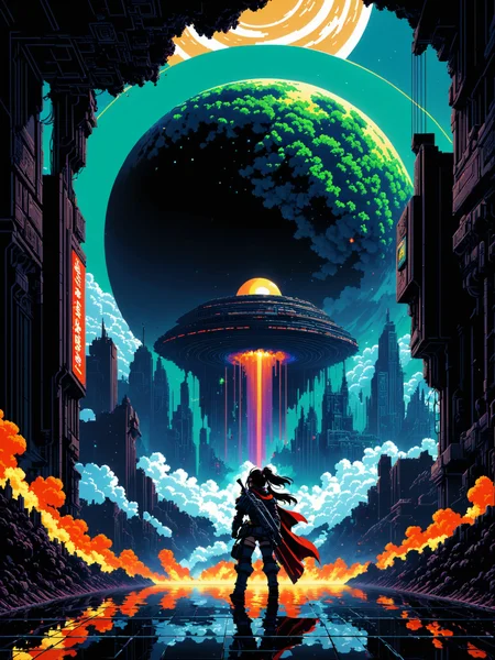 (Pixelated Dystopia: dystopian scenes in pixel art, 8-bit apocalypse:1.69) (Shadowrealm Gates Cosmic Bloom phases against the Cosmic Opera in the style of [Larry Elmore:Akira Toriyama:0.25])