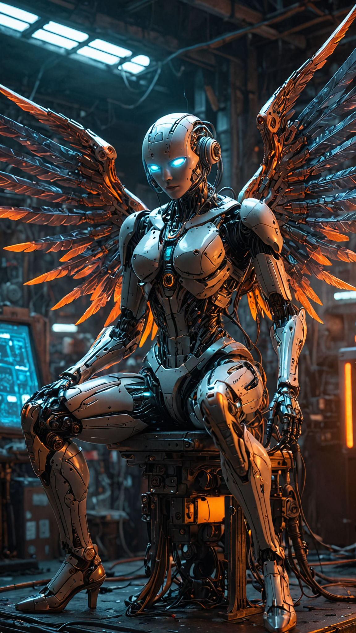 (masterpiece, best quality, intricate, detailed, ornate, vibrant colors), indoors, (factory), machinery, neon, CyberAngel, sitting, (mechanical parts), mechanical limbs, (mechanical wings), cybernetic augmentations, probes, cables, wires, biopunk, cyberpunk, technology, UHD